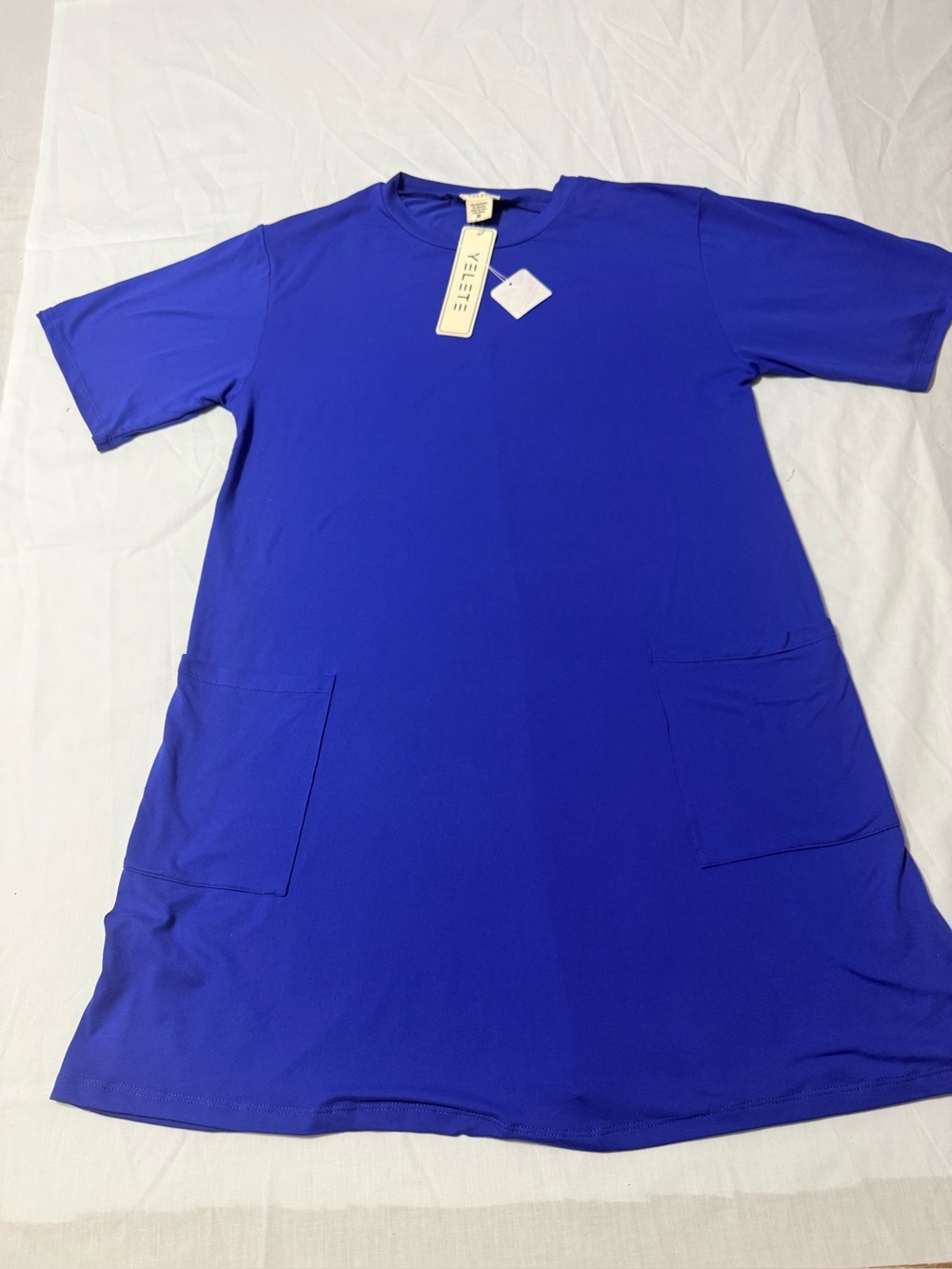 NWT Yelete Royal Blue Short Sleeve T-Shirt Dress with Front Pockets Size M